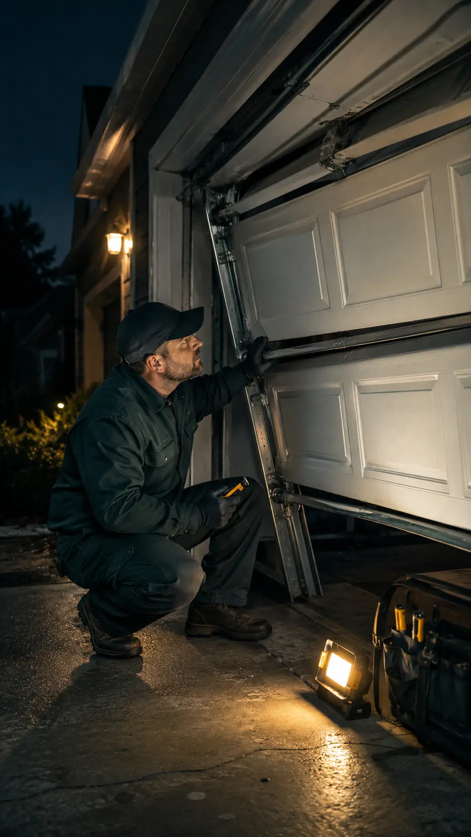 Technician assessing an after-hours garage door failure affecting access and security in Greenfield Indiana