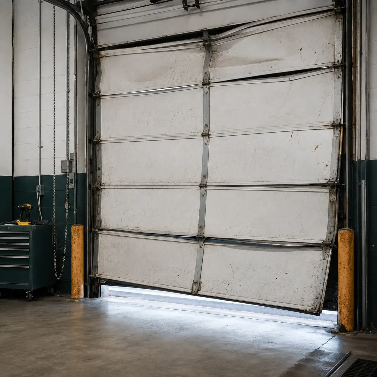 Damaged and uneven residential garage door before repair in Greenfield Indiana
