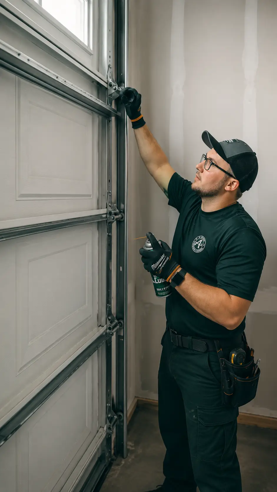 Commercial garage door technician inspecting hardware tracks cables and opener operation at a Greenfield Indiana business