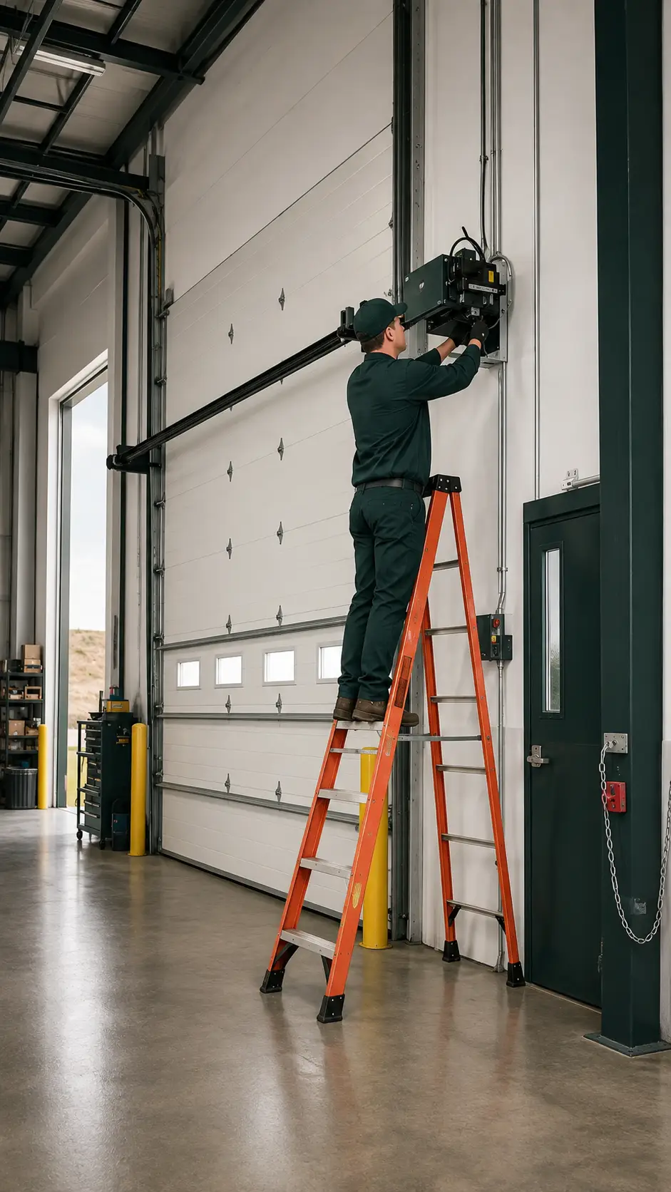 Commercial garage door opener and overhead door system at a business facility in Greenfield Indiana