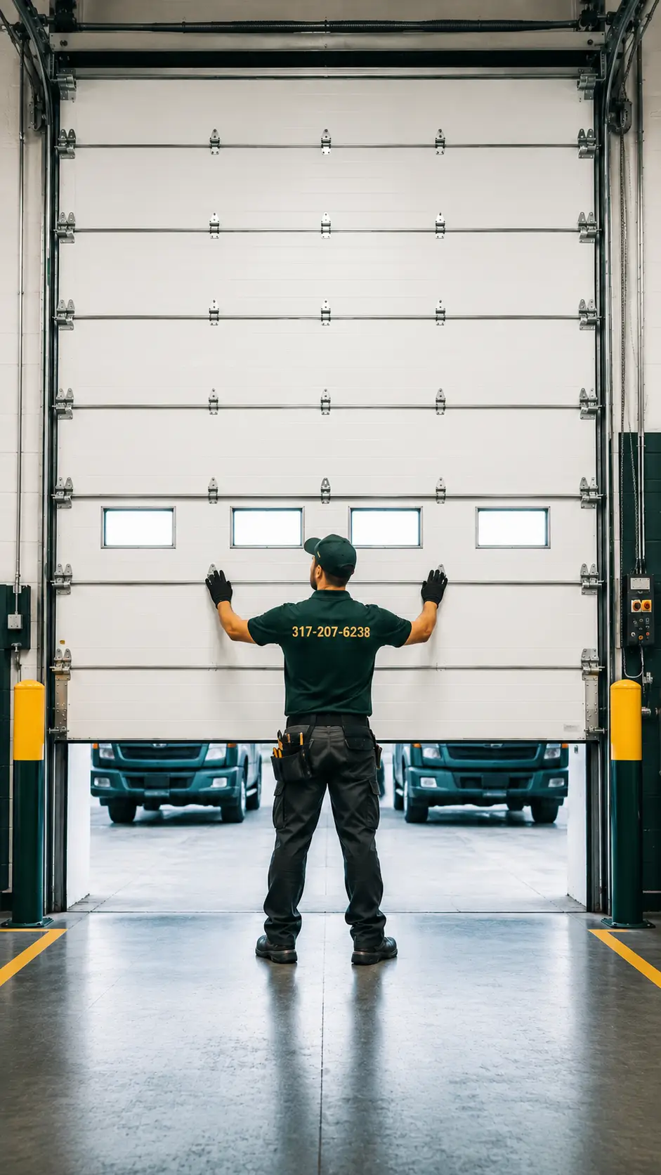 Commercial garage door technician measuring a large business door opening and clearance in Greenfield Indiana