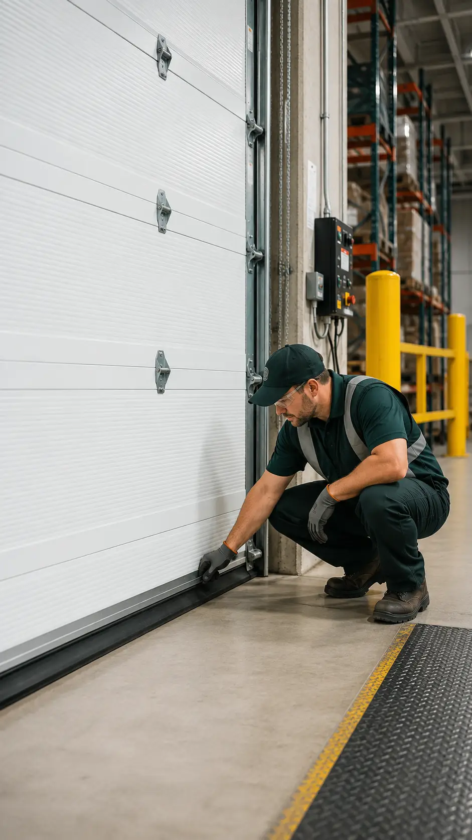 Commercial garage door technician evaluating a warehouse door opening and operating workload in Greenfield Indiana