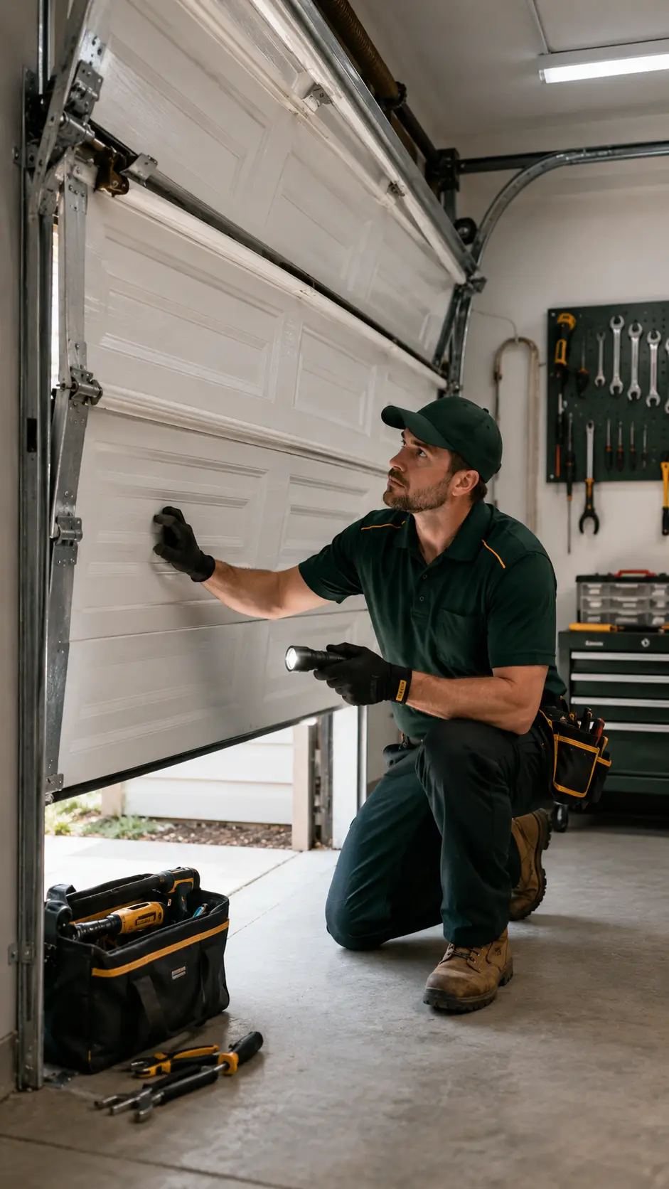 Garage door technician assessing a stuck or unstable garage door during emergency service in Greenfield Indiana