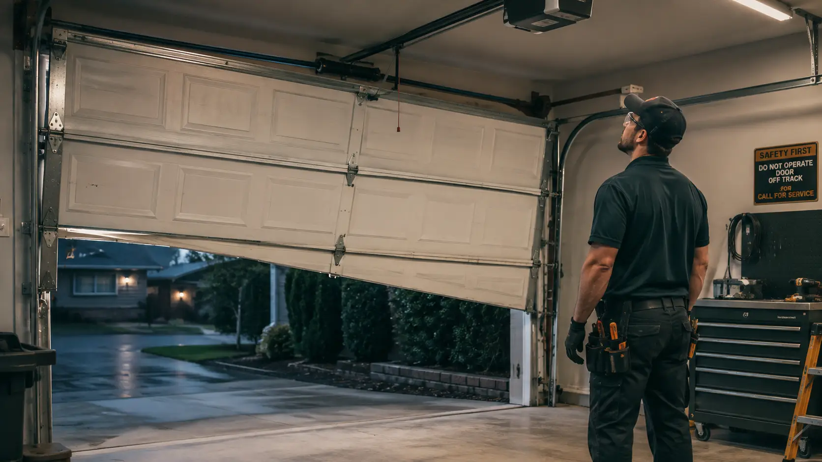 Garage door technician assessing a stuck off-track or damaged garage door during emergency service in Greenfield Indiana
