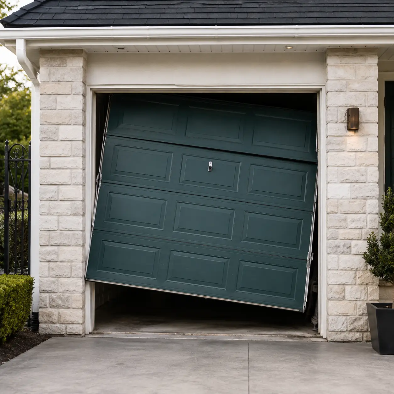 Technician inspecting an unstable garage door during emergency service in Greenfield Indiana