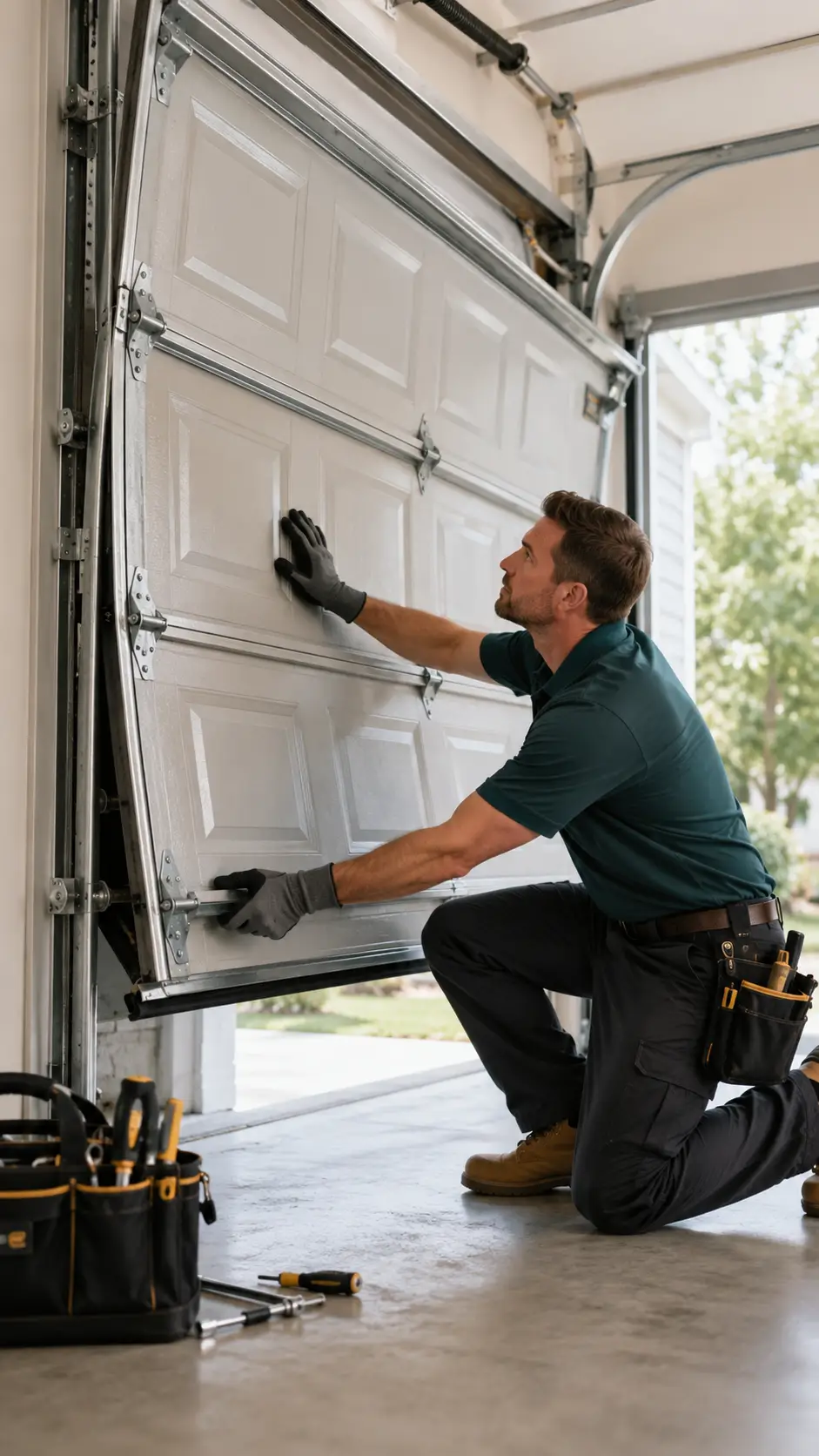 Garage door technician safely assessing a failed and unstable garage door in Greenfield Indiana