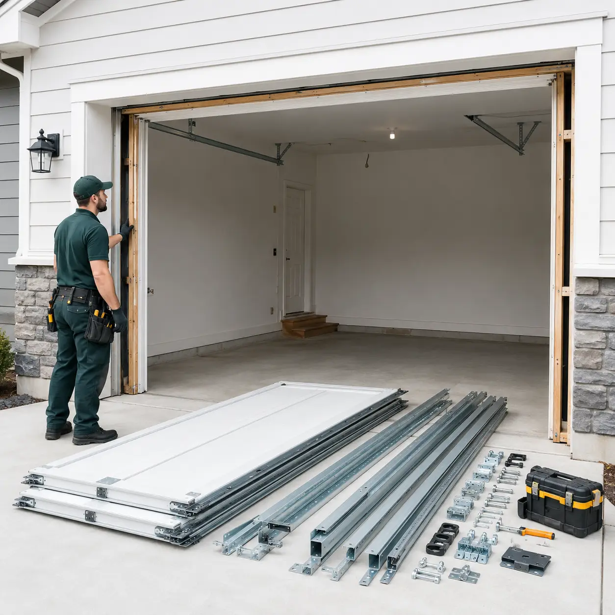 Damaged and uneven residential garage door before repair in Greenfield Indiana