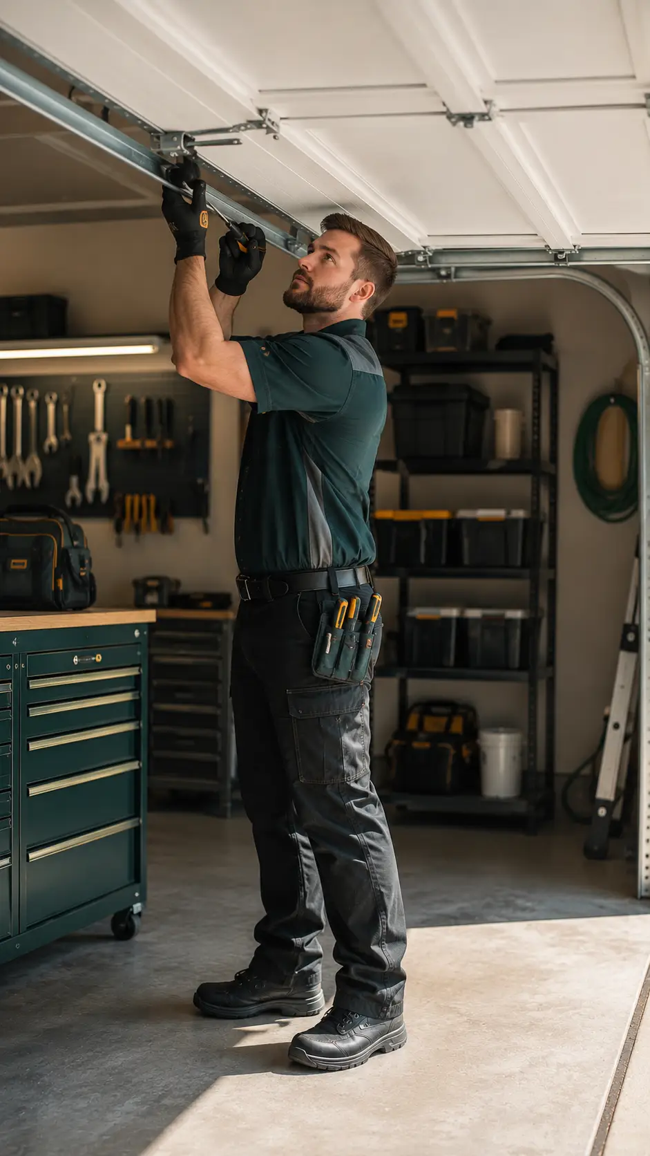 Technician inspecting garage door movement tracks cables and springs in Greenfield Indiana