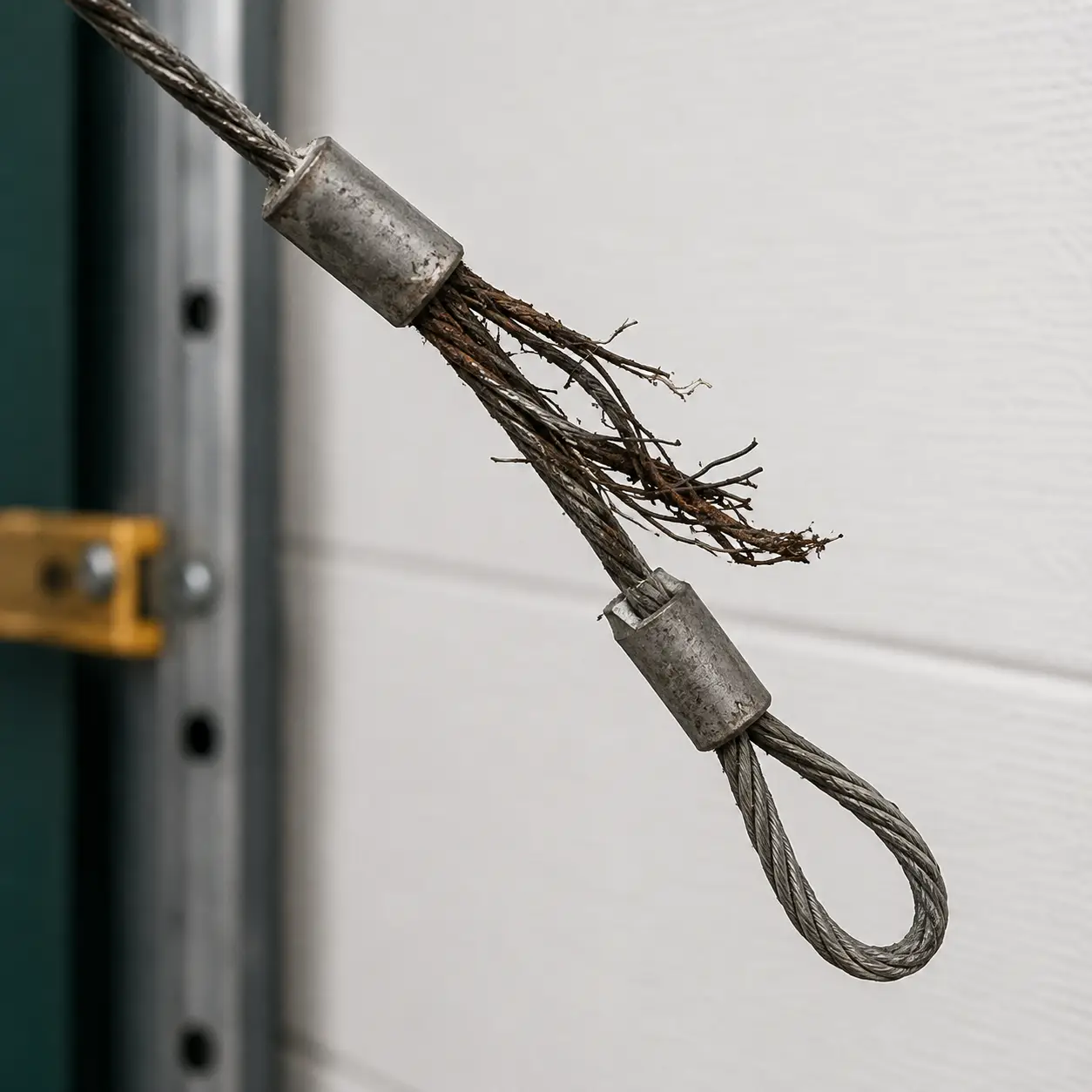 Damaged and uneven residential garage door before repair in Greenfield Indiana
