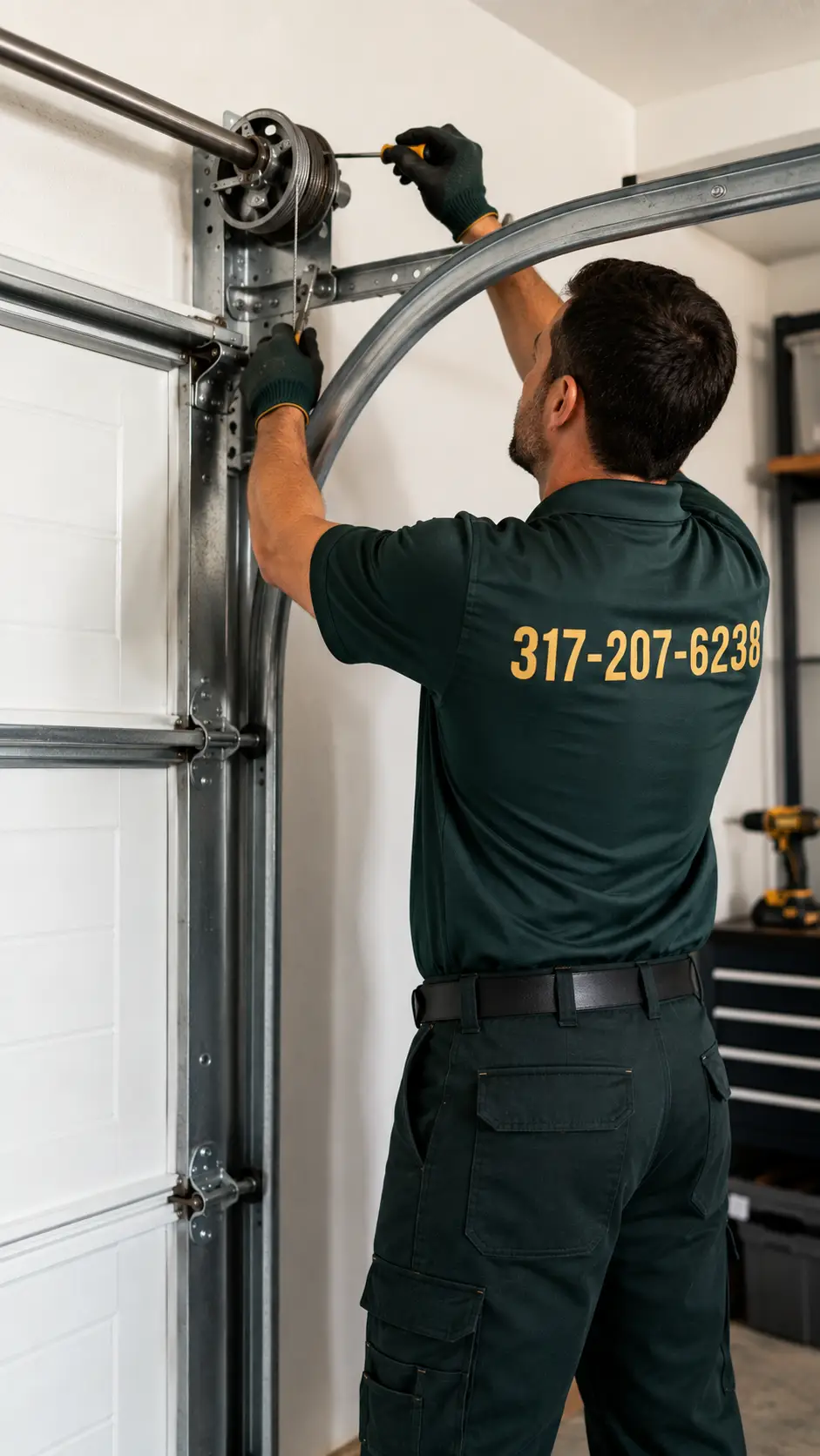 Garage door technician inspecting lifting cables drums and counterbalance hardware in Greenfield Indiana