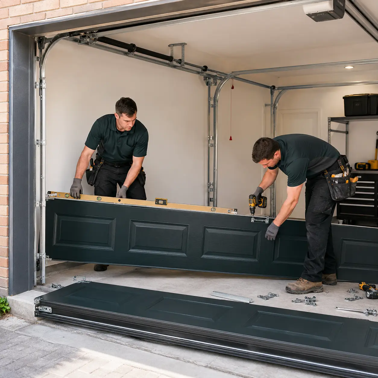 Garage door technician installing a sectional garage door at a Greenfield Indiana property