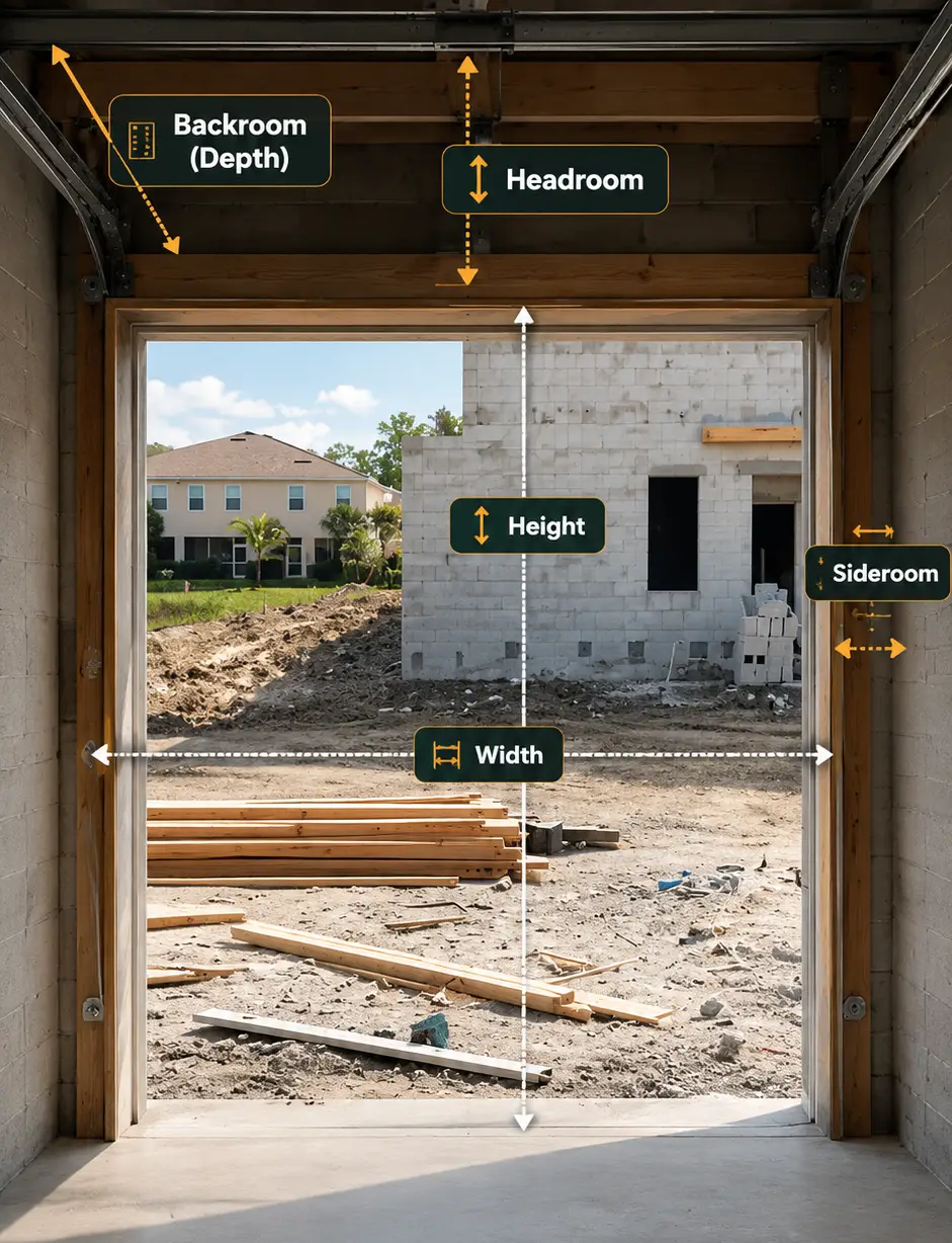 Garage door technician checking opening dimensions headroom framing and clearance before installation in Greenfield Indiana