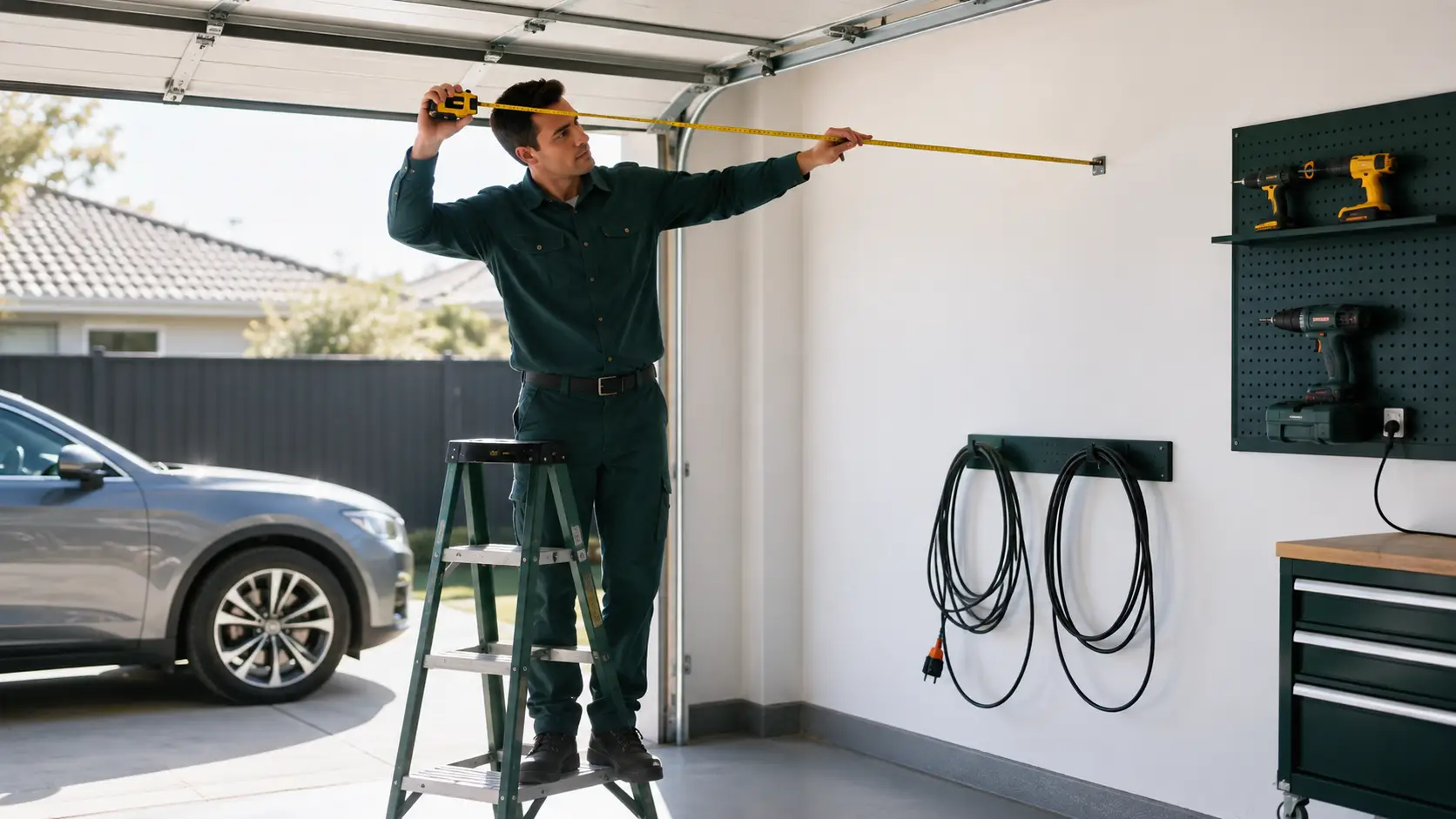 Garage door technician measuring opening width headroom and side clearance before installation in Greenfield Indiana