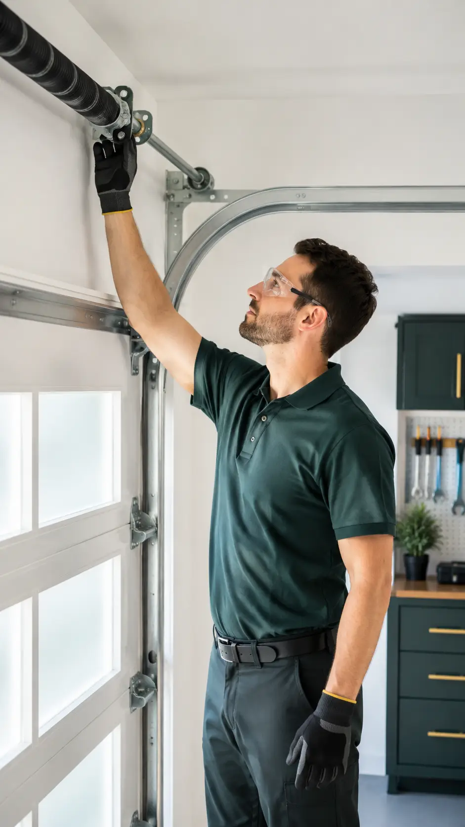 Technician inspecting garage door springs rollers cables tracks and hardware for maintenance in Greenfield Indiana