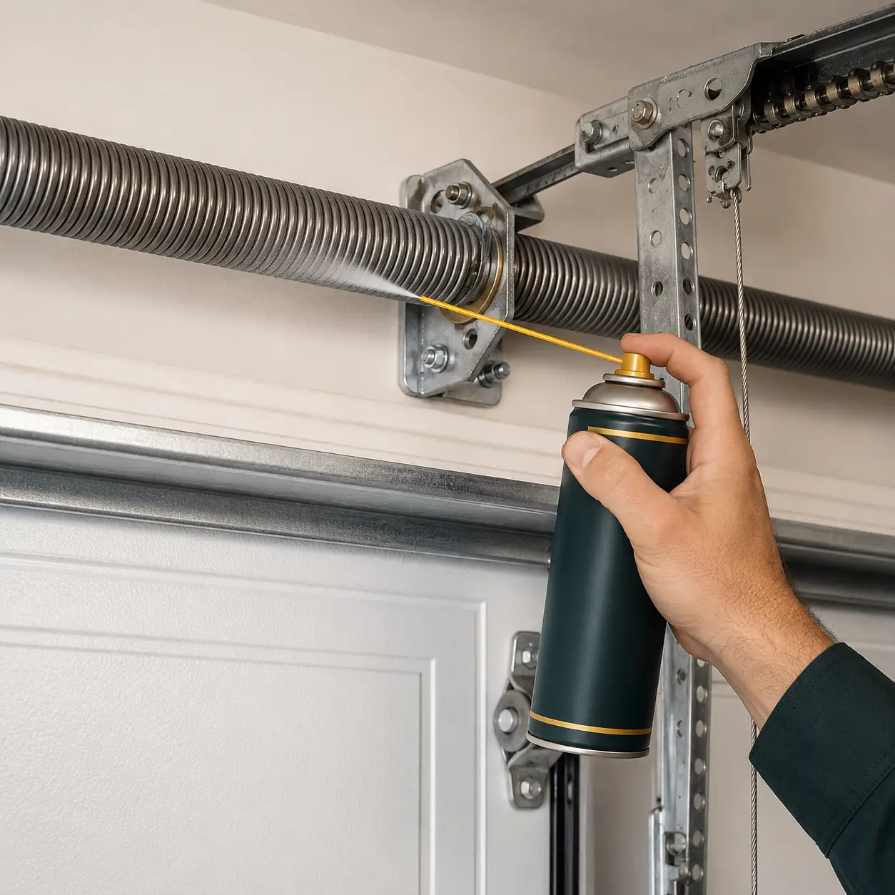Garage door technician performing preventive maintenance on a residential garage door in Greenfield Indiana