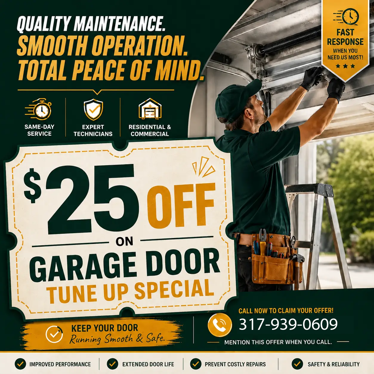 25 dollars off garage door tune up special coupon from Greenfield Garage Door Pro
