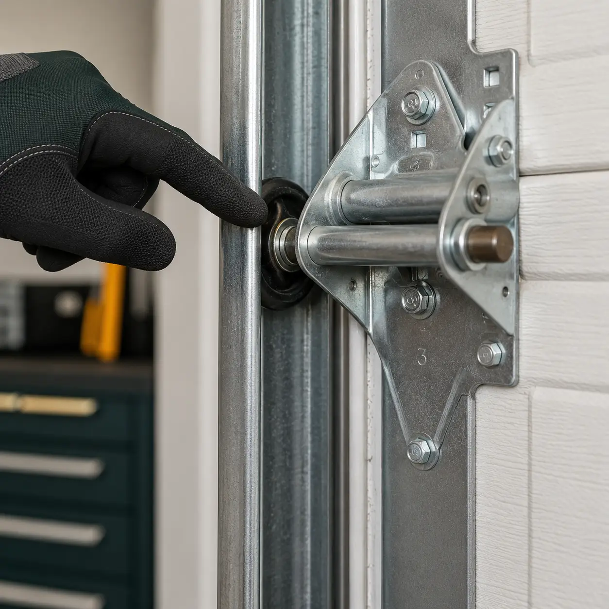 Garage door technician inspecting panels springs cables rollers hinges and tracks during garage door repair in Greenfield Indiana