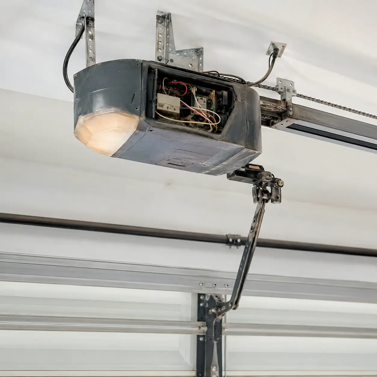 Damaged garage door before repair in Greenfield Indiana