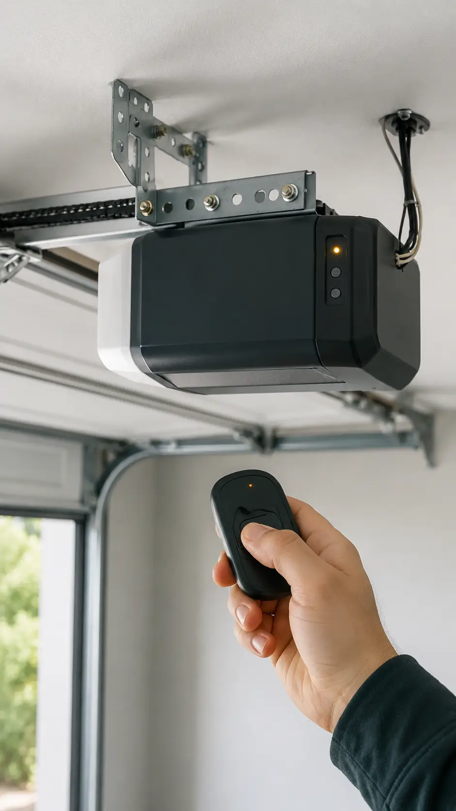 Technician testing garage door opener remote wall control keypad and control system in Greenfield Indiana
