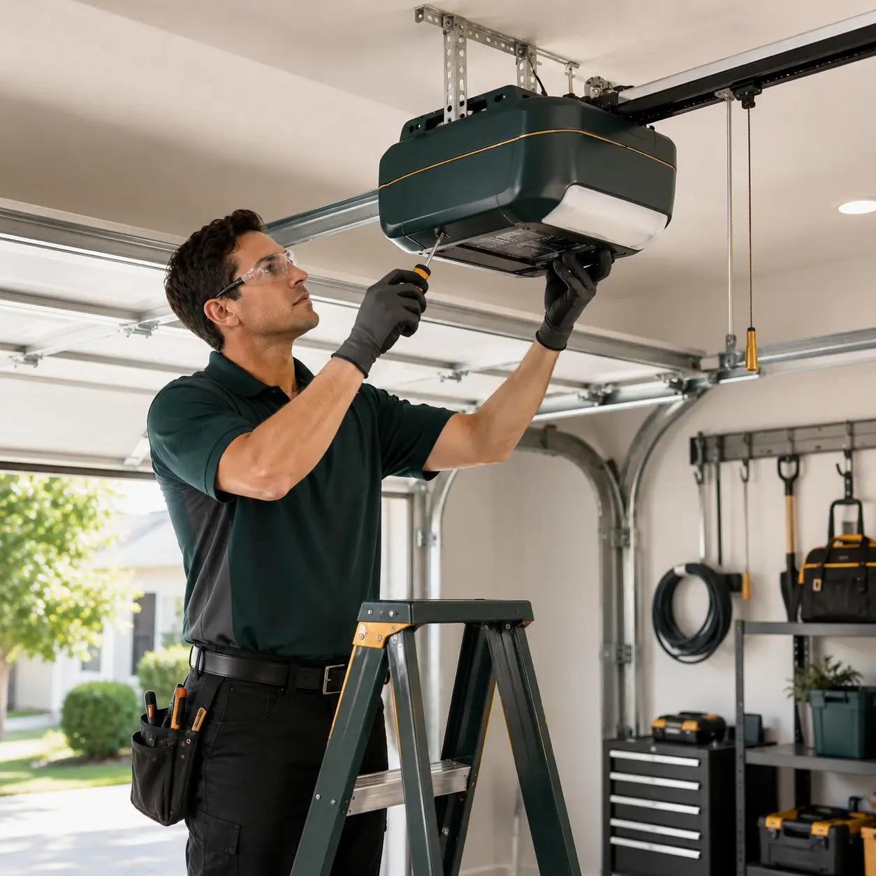 Garage door technician inspecting an automatic opener system in Greenfield Indiana