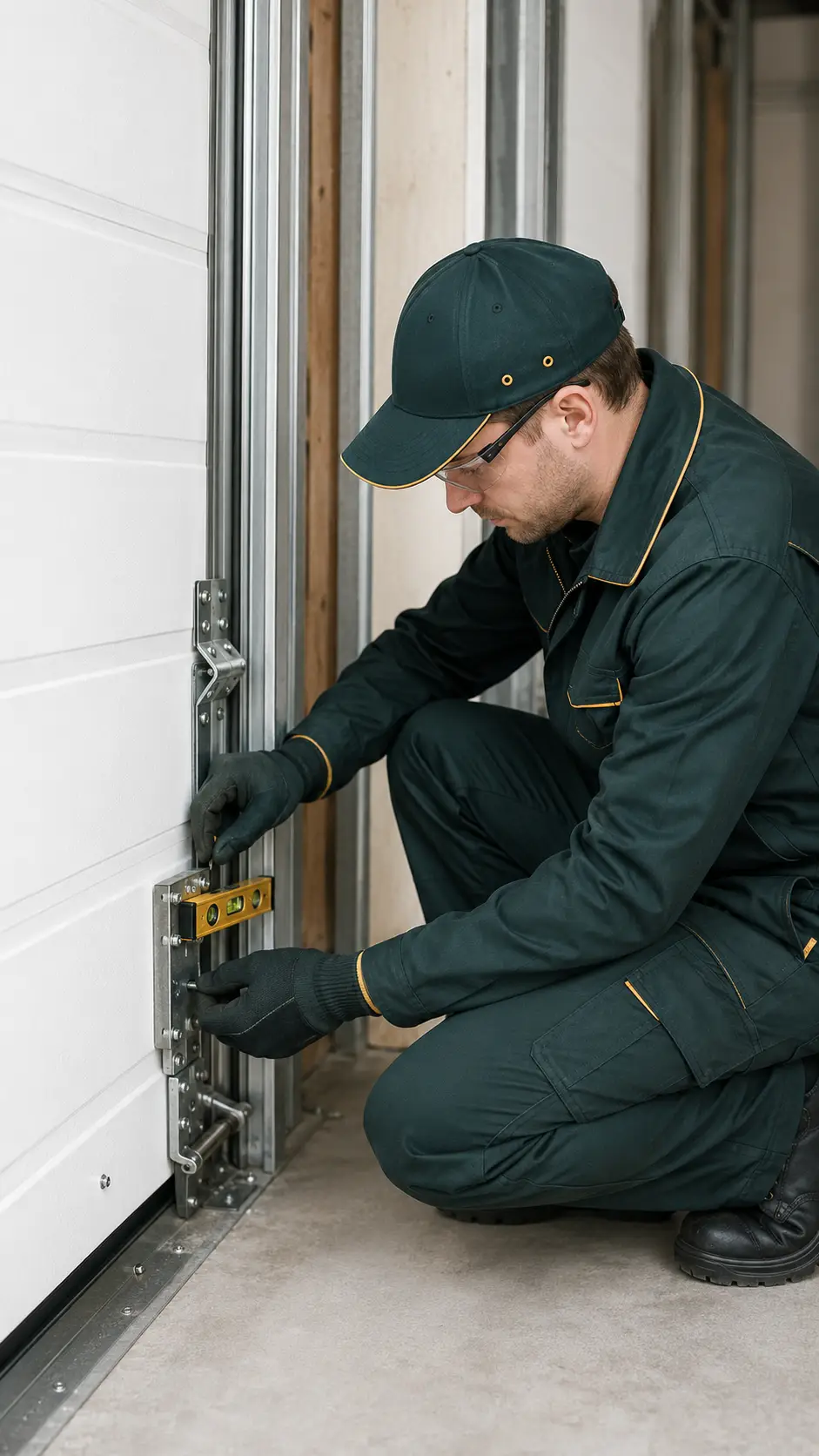 Technician checking garage door opener controls sensors mounting and door movement during maintenance in Greenfield Indiana