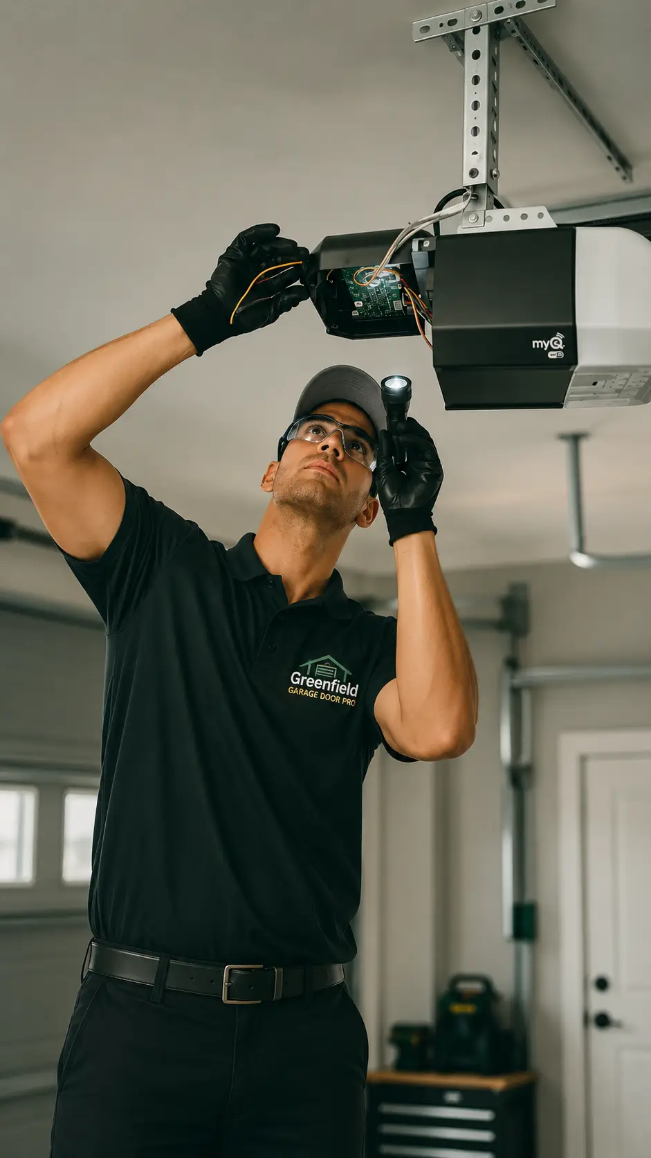 Technician diagnosing garage door opener motor drive controls and sensors in Greenfield Indiana