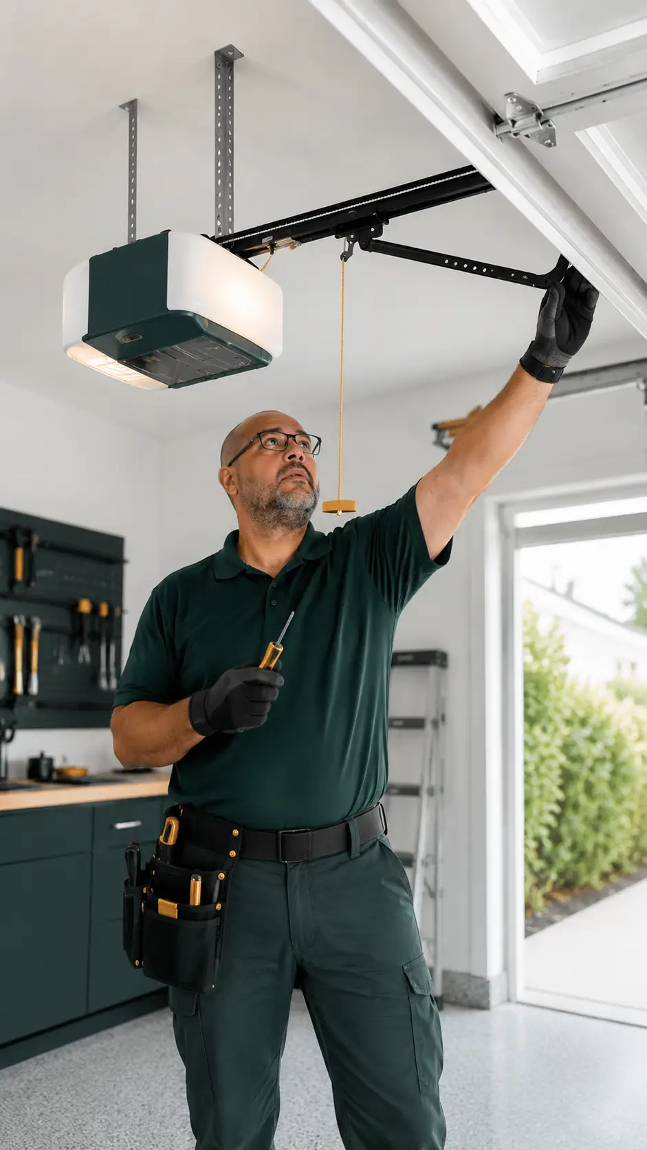 Technician diagnosing garage door opener strain and mechanical door resistance in Greenfield Indiana