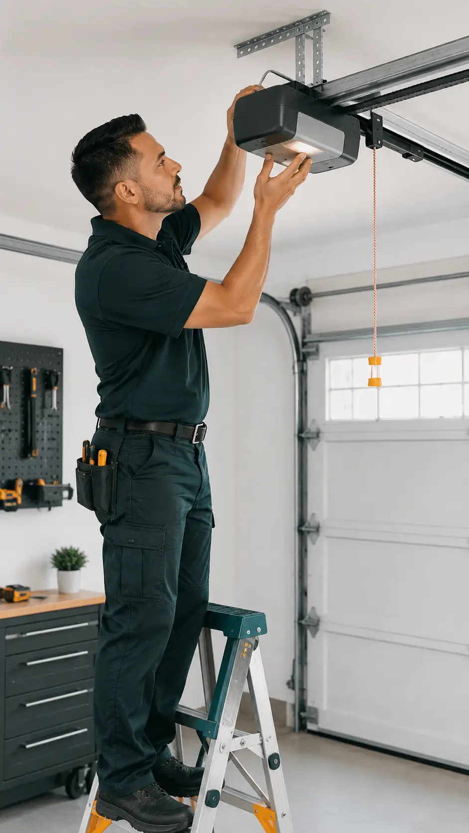 Garage door opener motor rail trolley controls and safety sensor system inspection in Greenfield Indiana