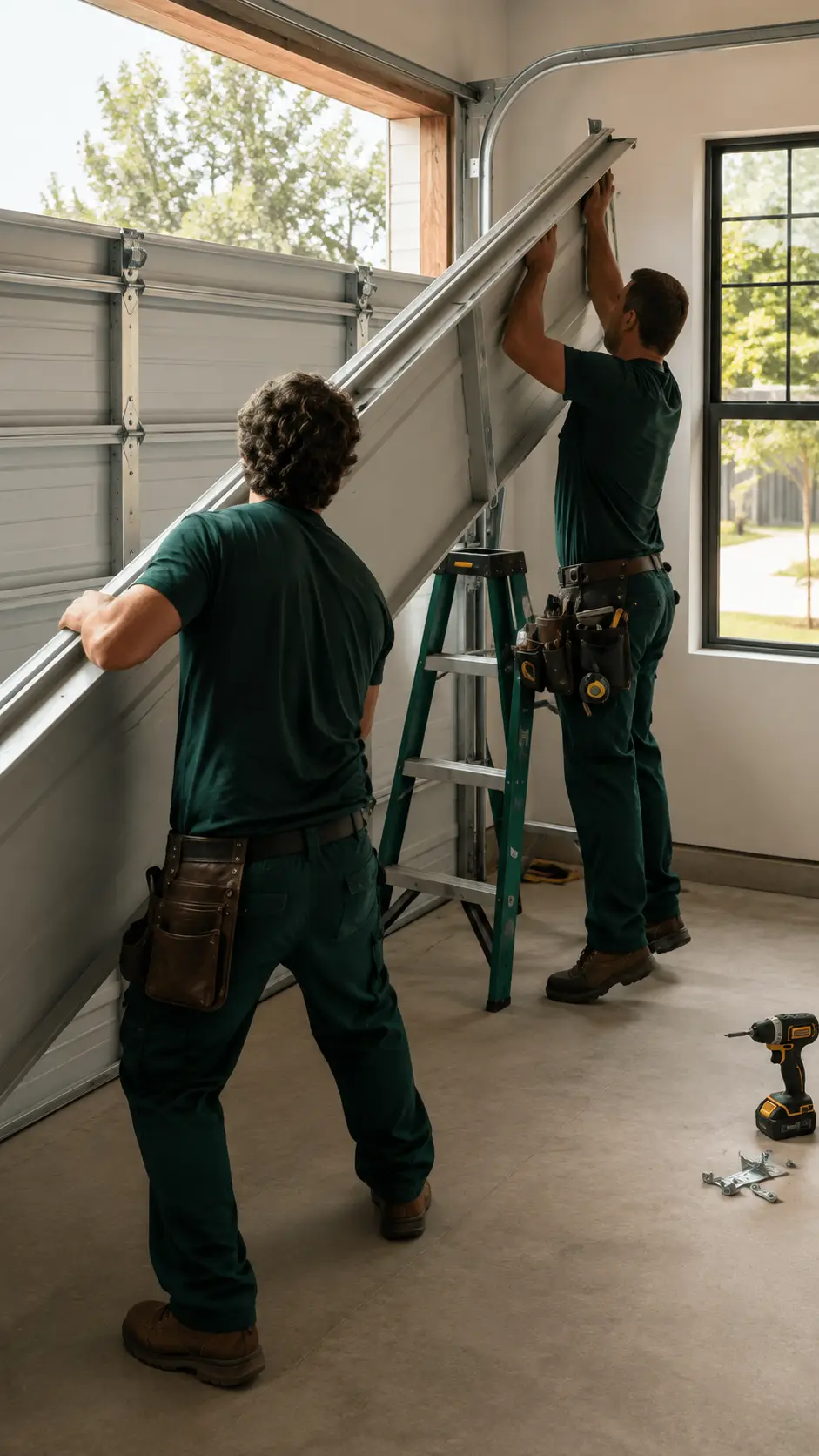 Garage door technician preparing framing clearance and mounting surfaces before installation in Greenfield Indiana