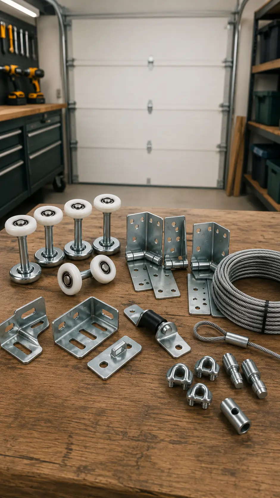 Garage door technician matching replacement cables rollers tracks panels and hardware to an existing door system in Greenfield Indiana