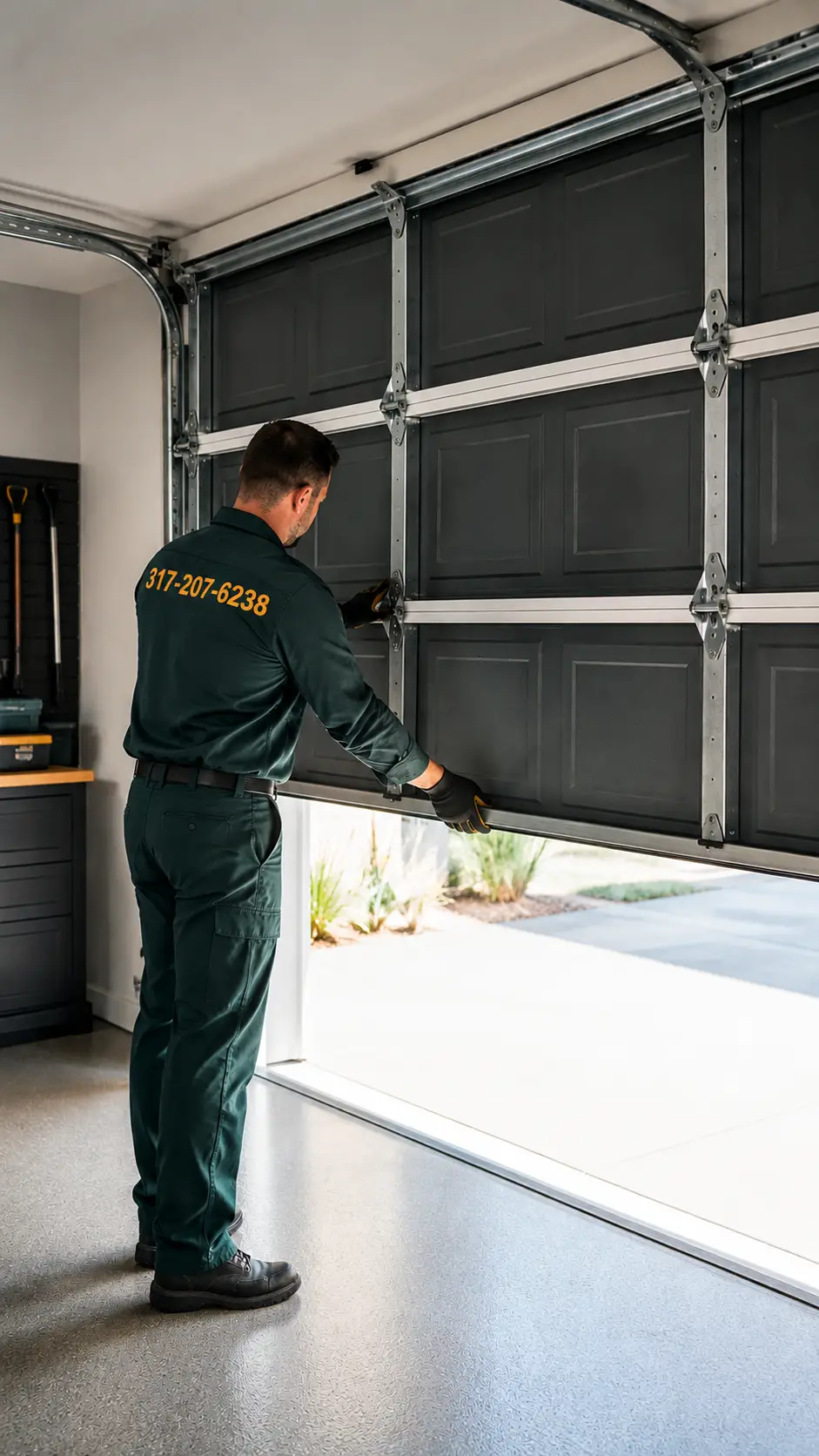 Garage door technician testing movement alignment balance and opener operation after replacement parts are installed in Greenfield Indiana