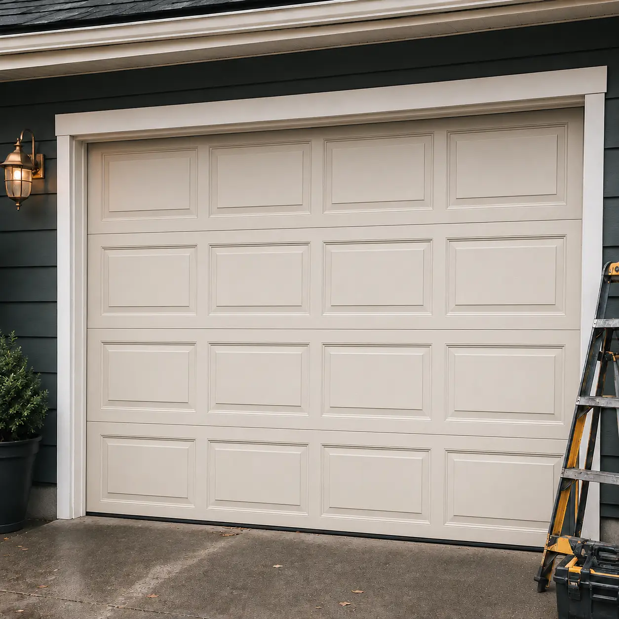 Residential garage door after professional repair in Greenfield Indiana