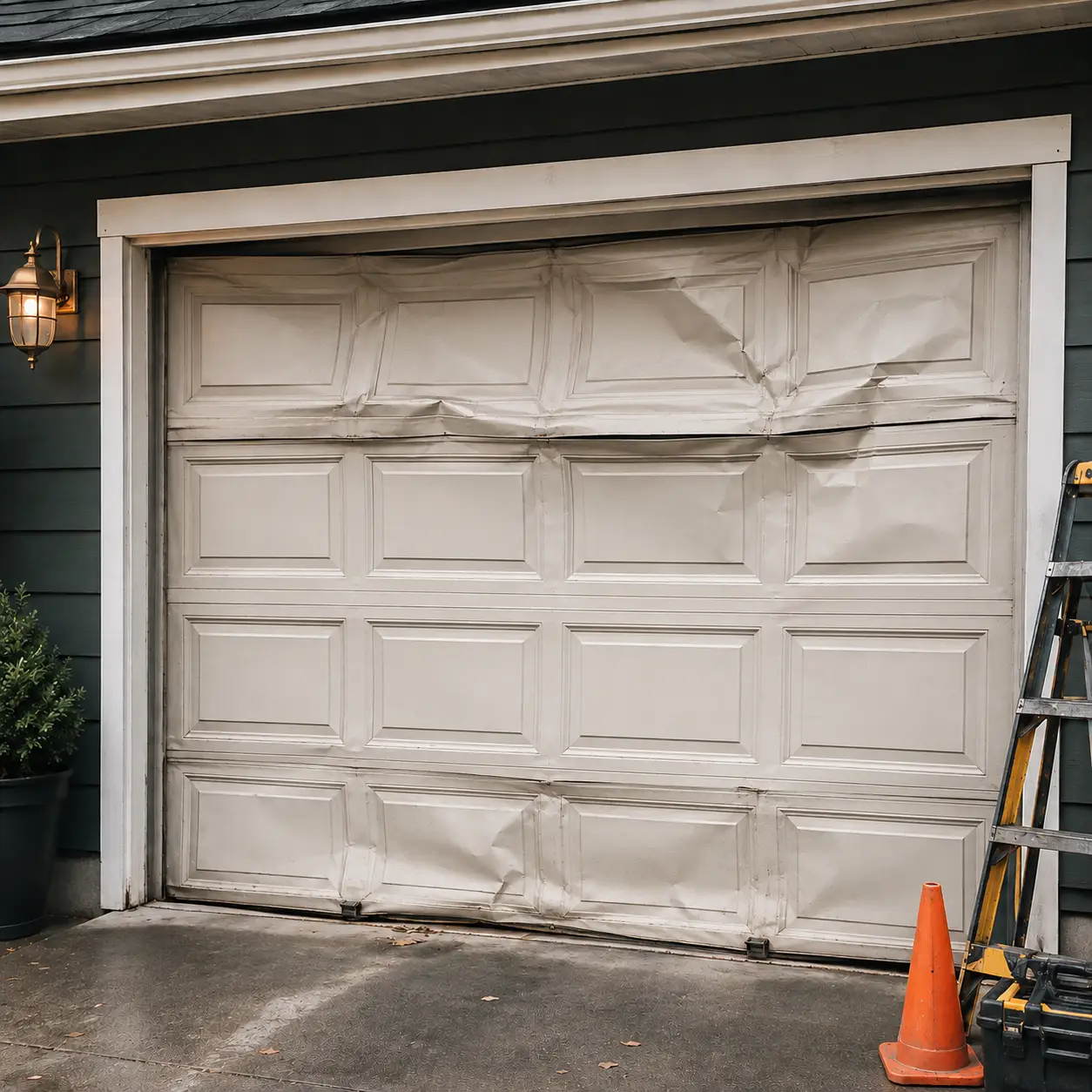 Damaged and uneven residential garage door before repair in Greenfield Indiana