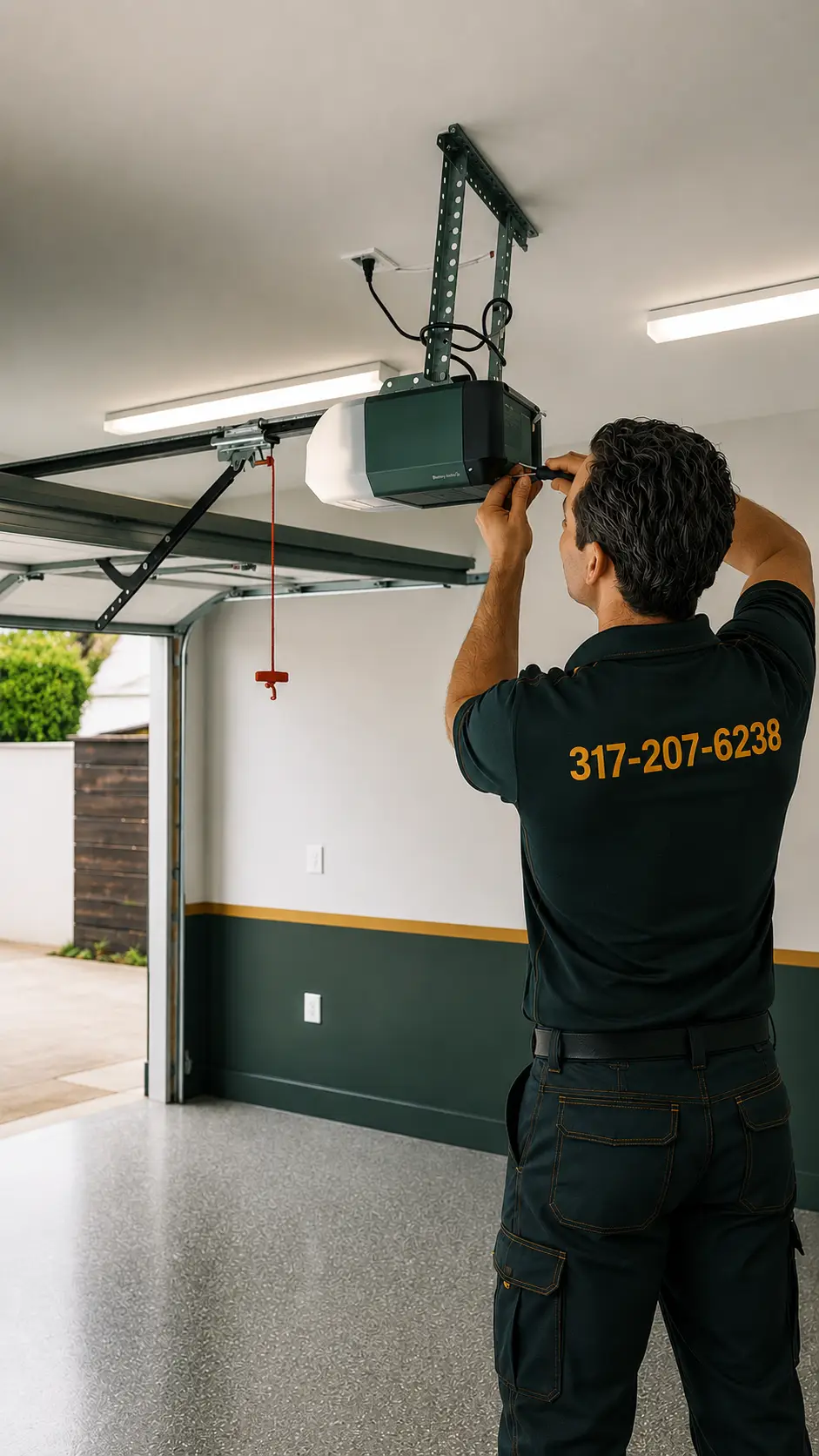 Technician diagnosing garage door weight noise movement and opener problems in Greenfield Indiana