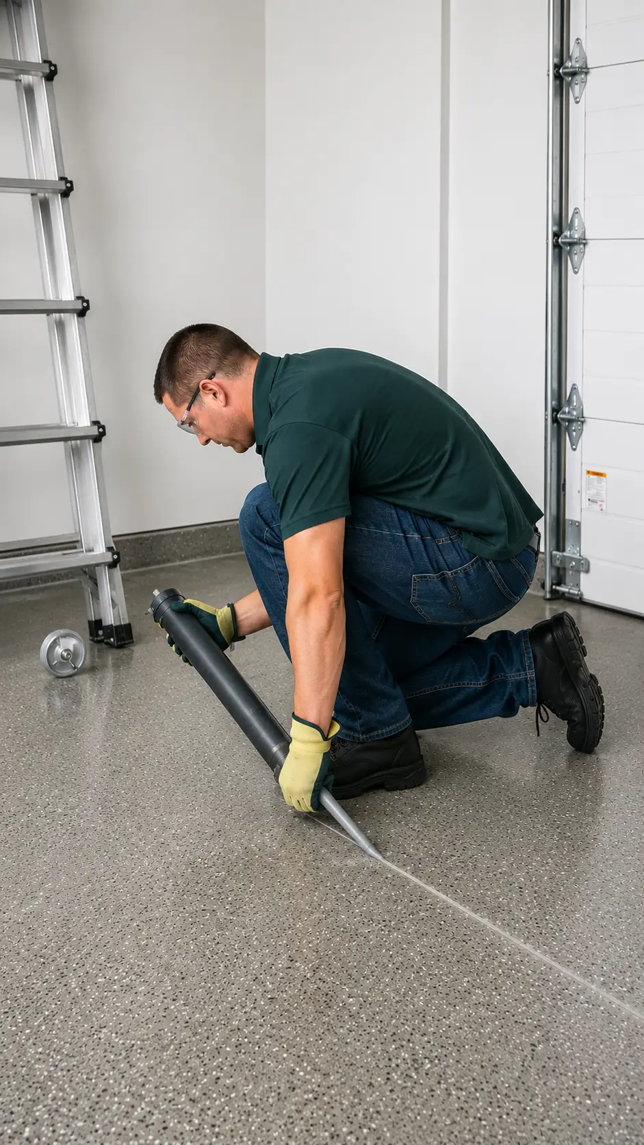 Garage door repair technician diagnosing failed components and related hardware in Greenfield Indiana