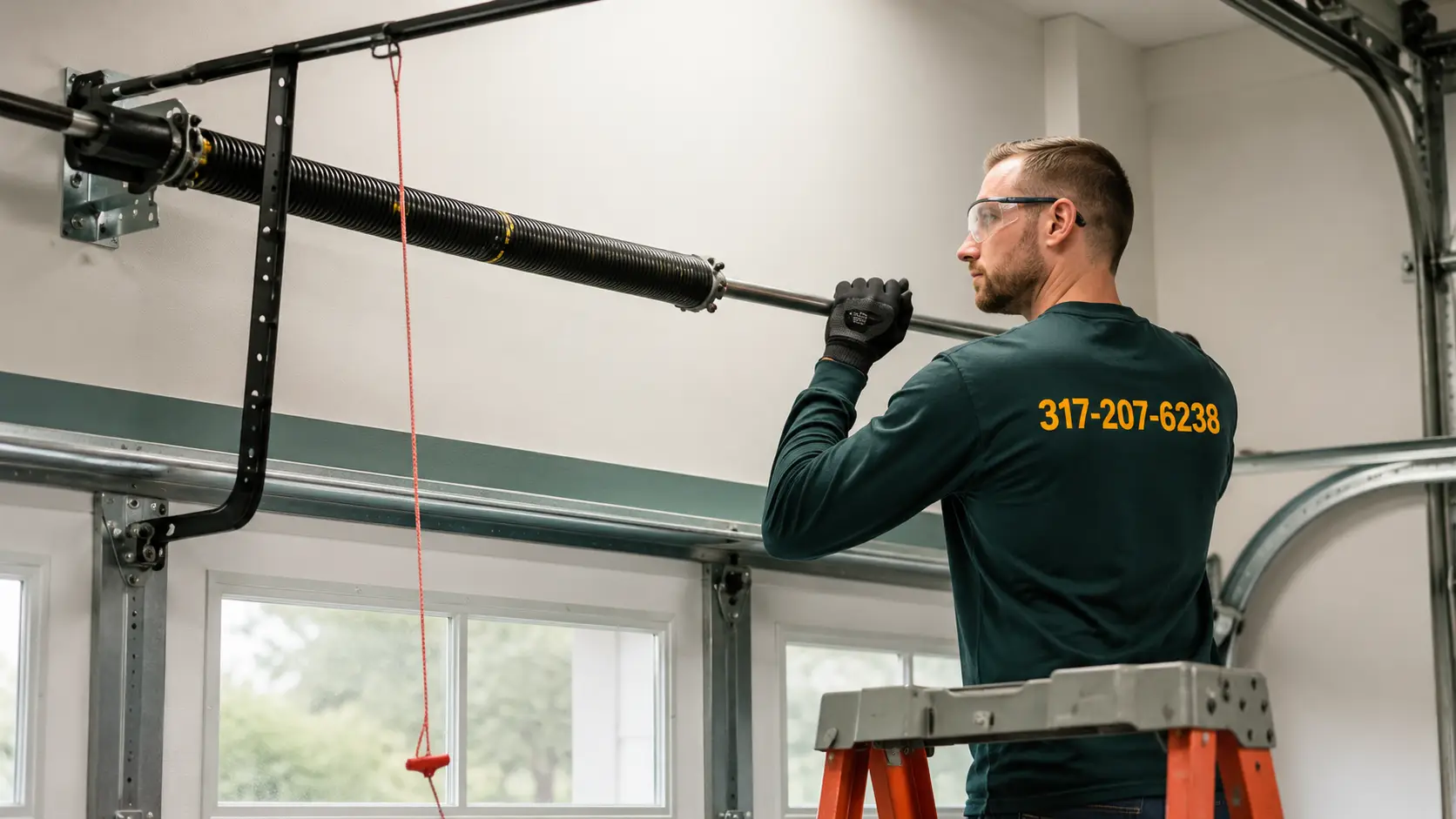 Technician inspecting garage door springs cables rollers tracks and related hardware to find the real failure in Greenfield Indiana
