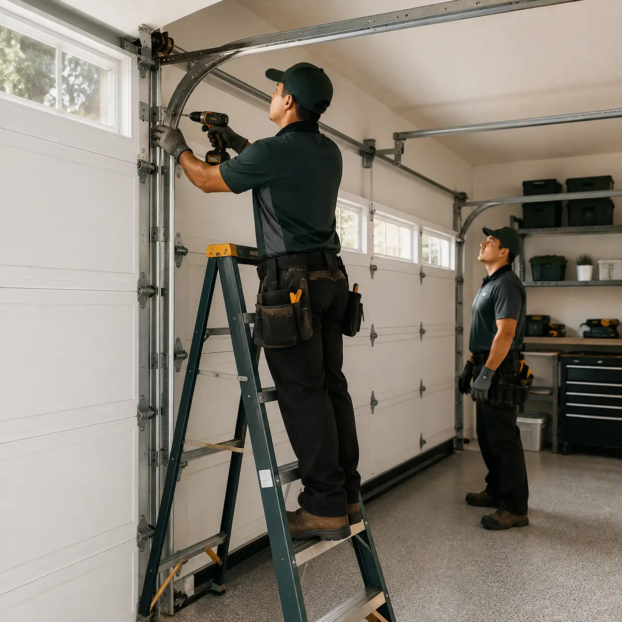 Garage door repair technician servicing a residential garage door in Greenfield Indiana