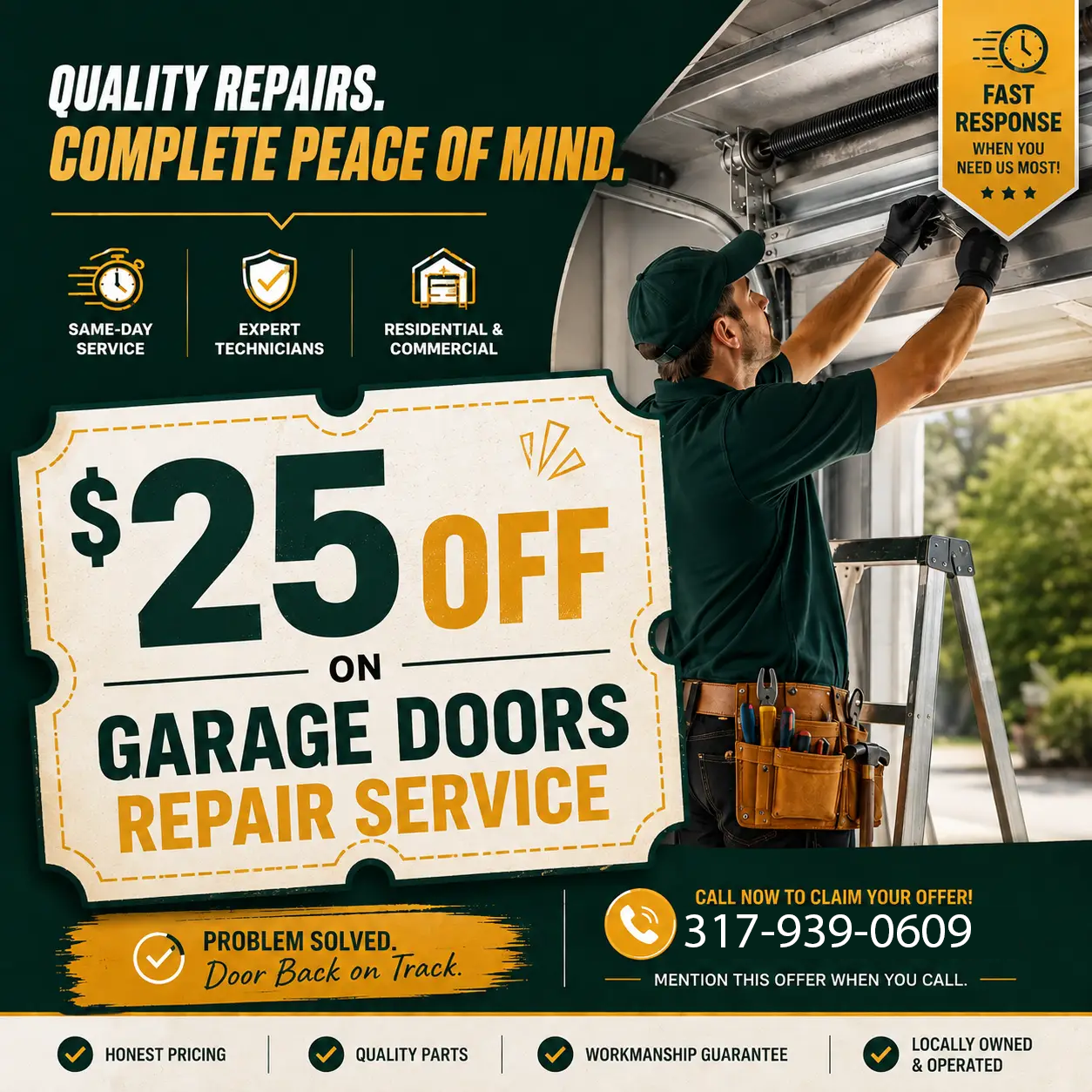25 dollars off garage door repair service coupon from Greenfield Garage Door Pro