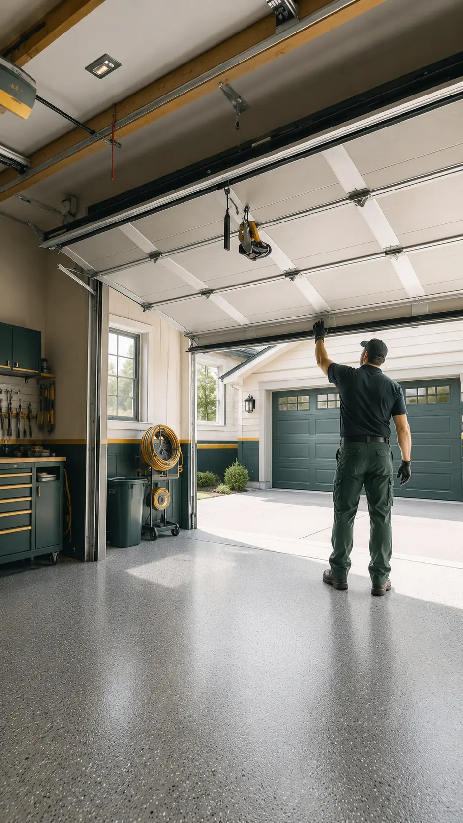 Technician evaluating garage door damage wear and component condition for repair or replacement in Greenfield Indiana