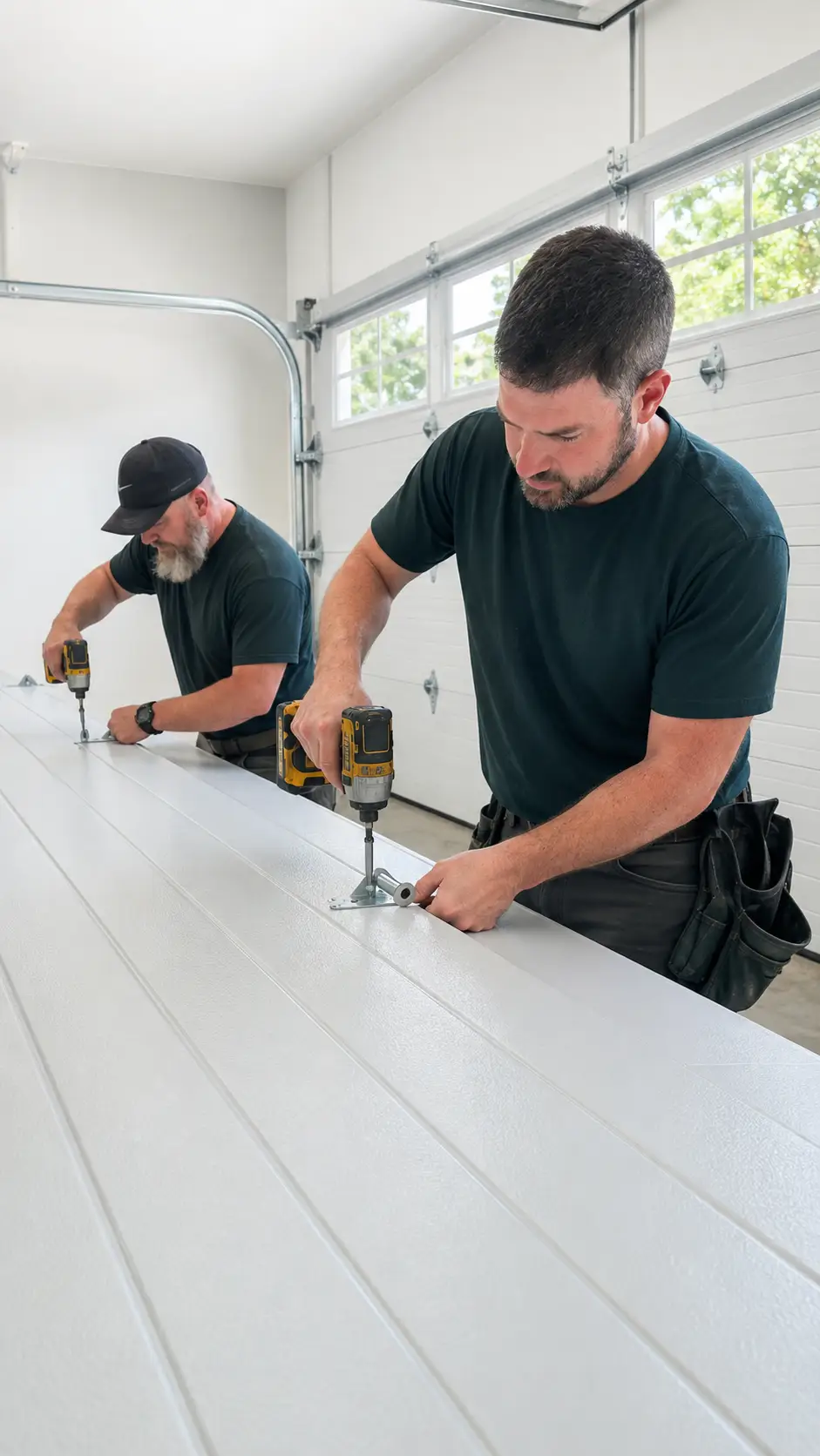 Garage door technician preparing an existing opening for replacement door installation in Greenfield Indiana