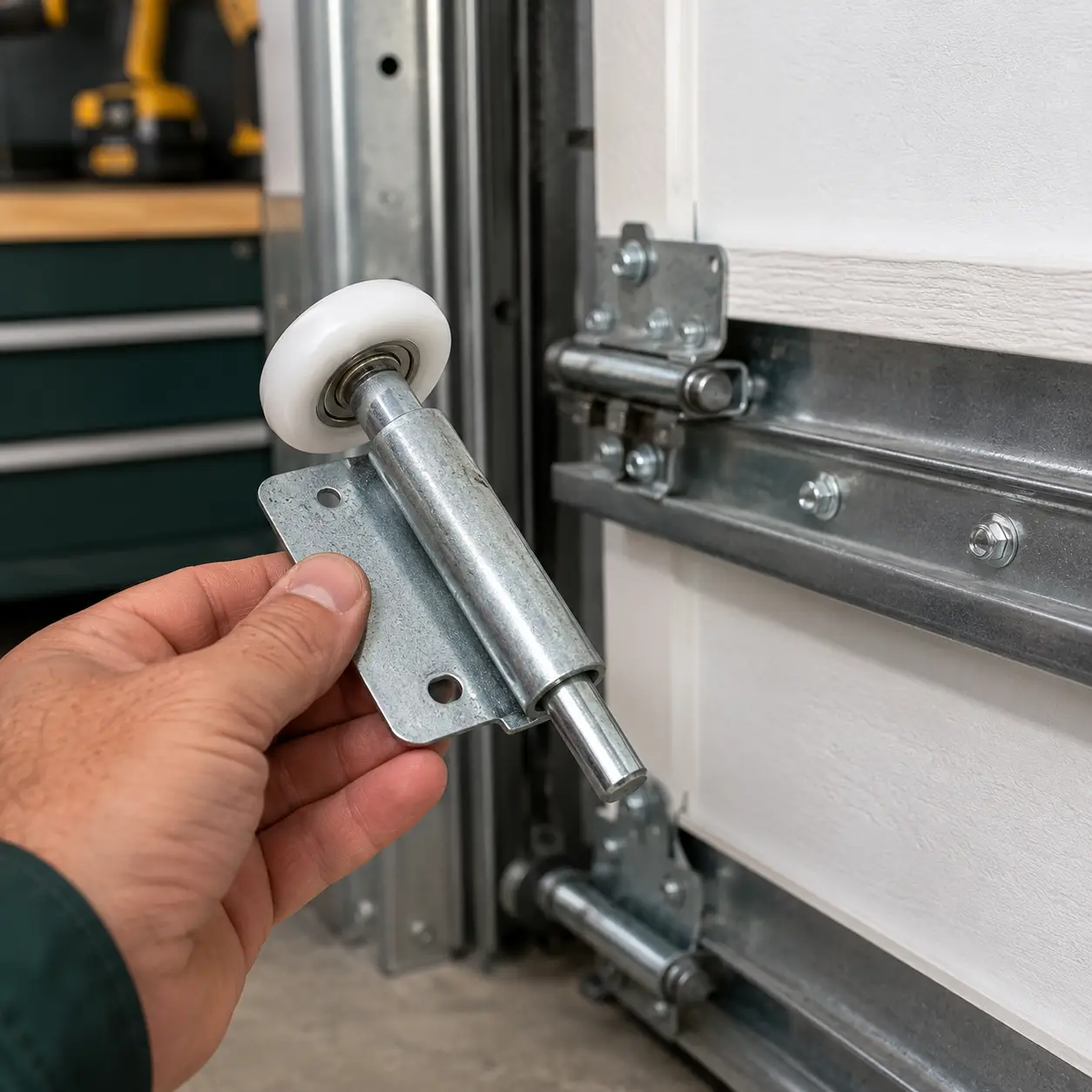 Garage door technician inspecting rollers bearings stems and tracks for smooth door travel in Greenfield Indiana