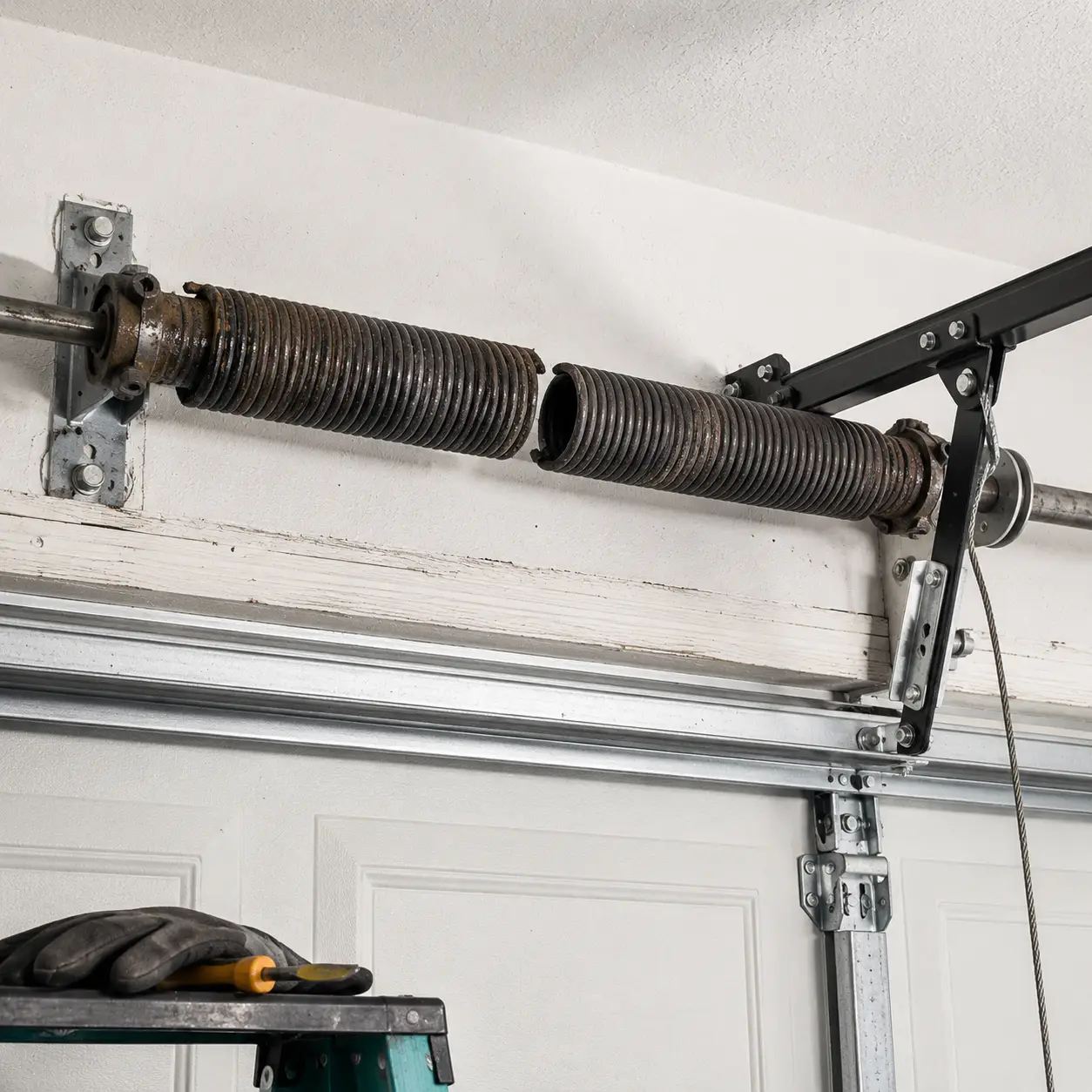 Damaged and uneven residential garage door before repair in Greenfield Indiana