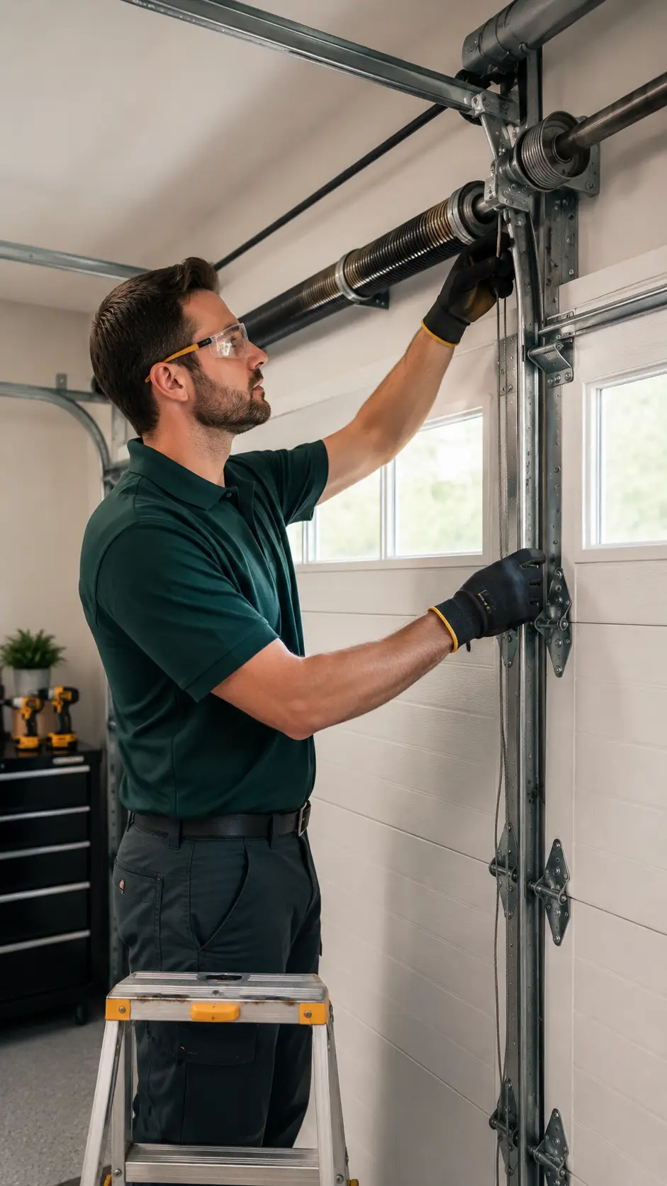 Garage door technician inspecting spring counterbalance cables and door balance in Greenfield Indiana