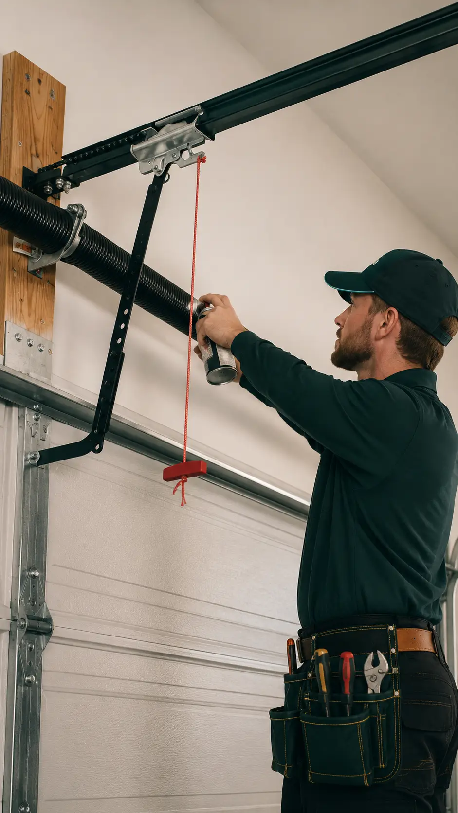 Garage door technician inspecting spring condition and cycle wear in Greenfield Indiana