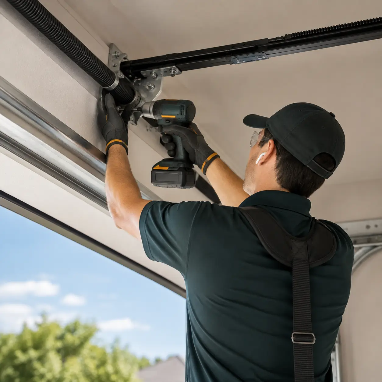 Garage door technician inspecting a torsion spring system in Greenfield Indiana