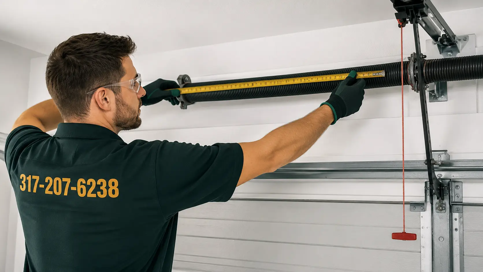 Garage door technician measuring torsion spring wire diameter length and door requirements in Greenfield Indiana