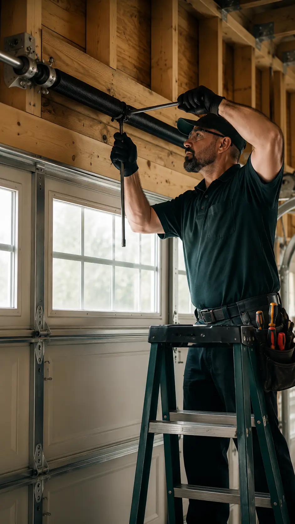 Garage door technician inspecting torsion springs cables drums and balance during spring service in Greenfield Indiana