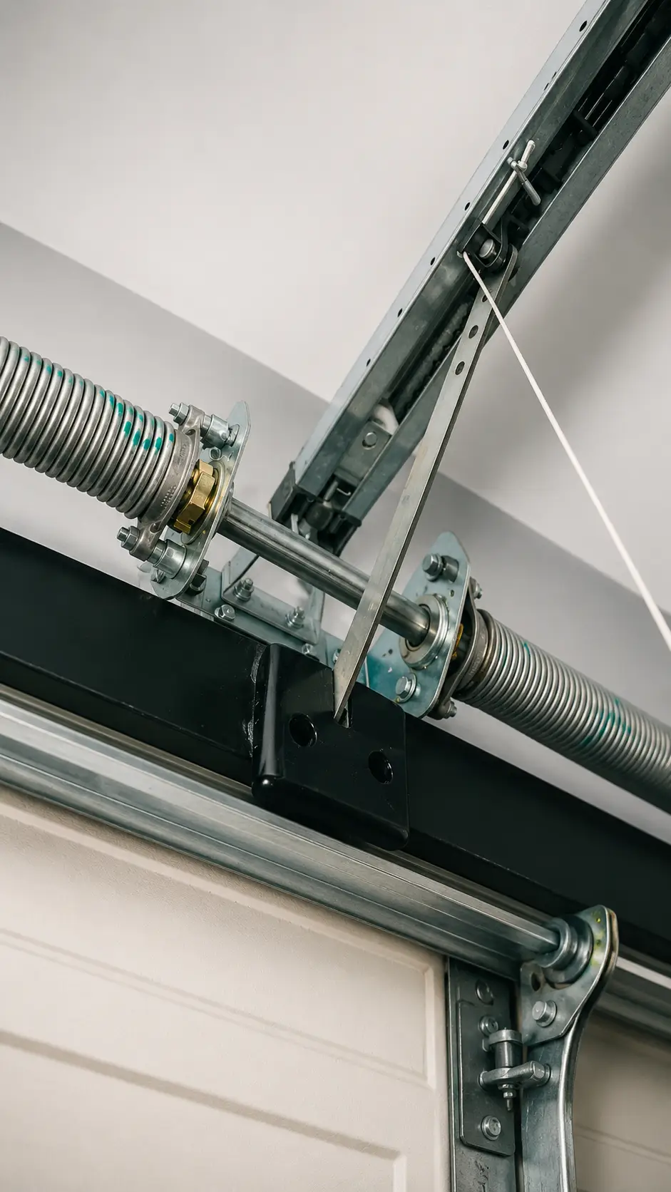 Garage door technician evaluating a dual torsion spring system and related hardware in Greenfield Indiana