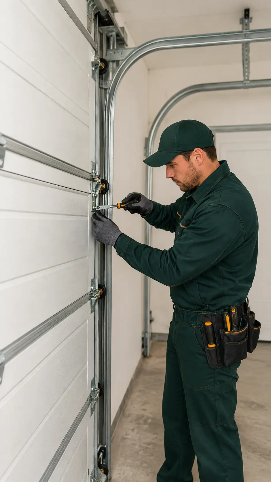 Garage door technician inspecting rollers tracks springs cables and hardware in Greenfield Indiana