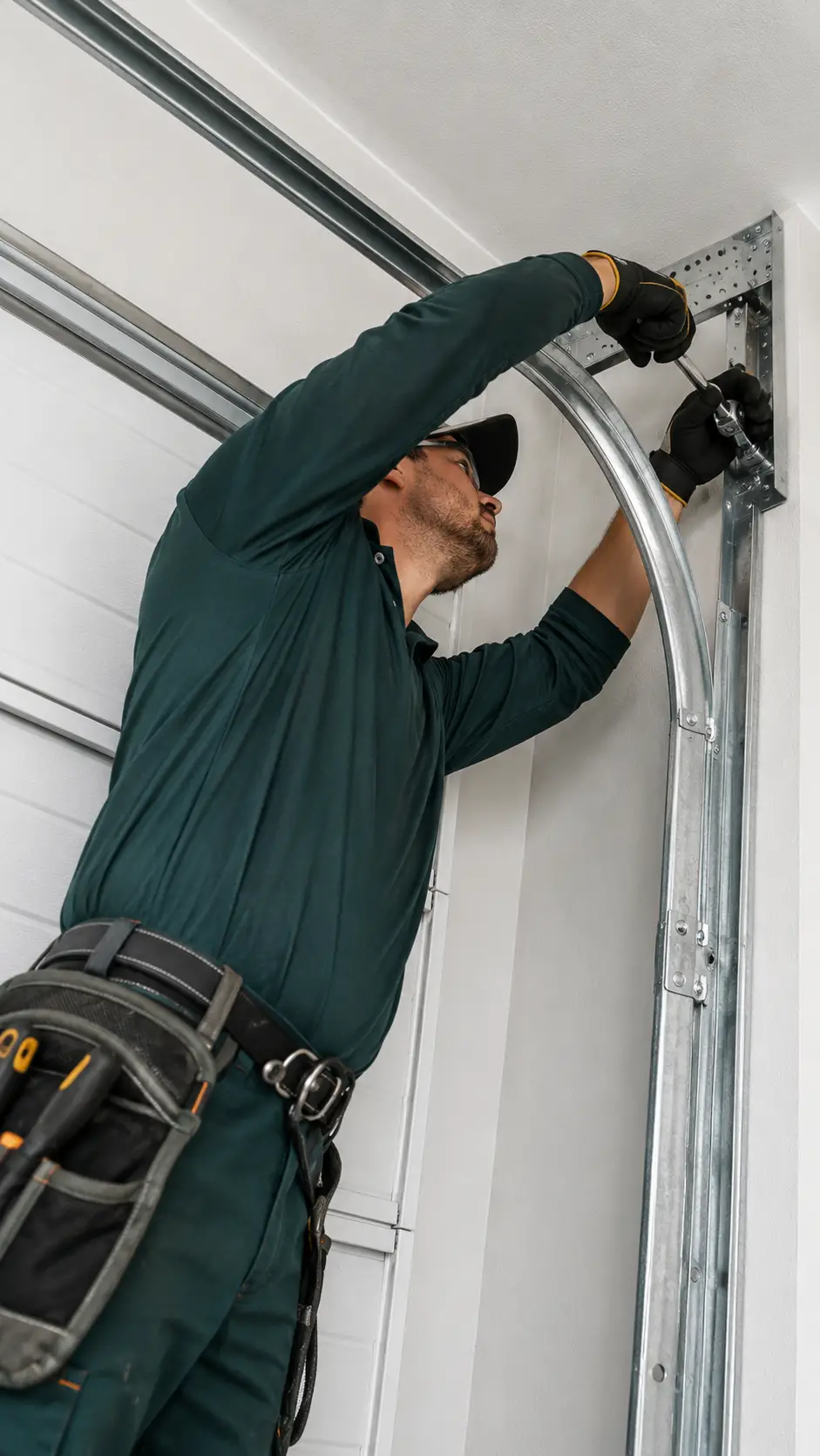 Garage door technician inspecting track alignment rollers mounting hardware and travel path in Greenfield Indiana